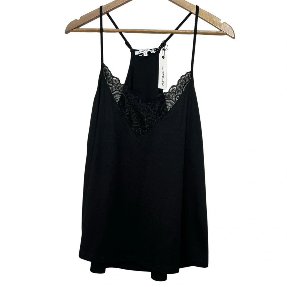 NWT Olivaceous Black Racerback Strappy Tank Top Lace Detail Womens Size Small